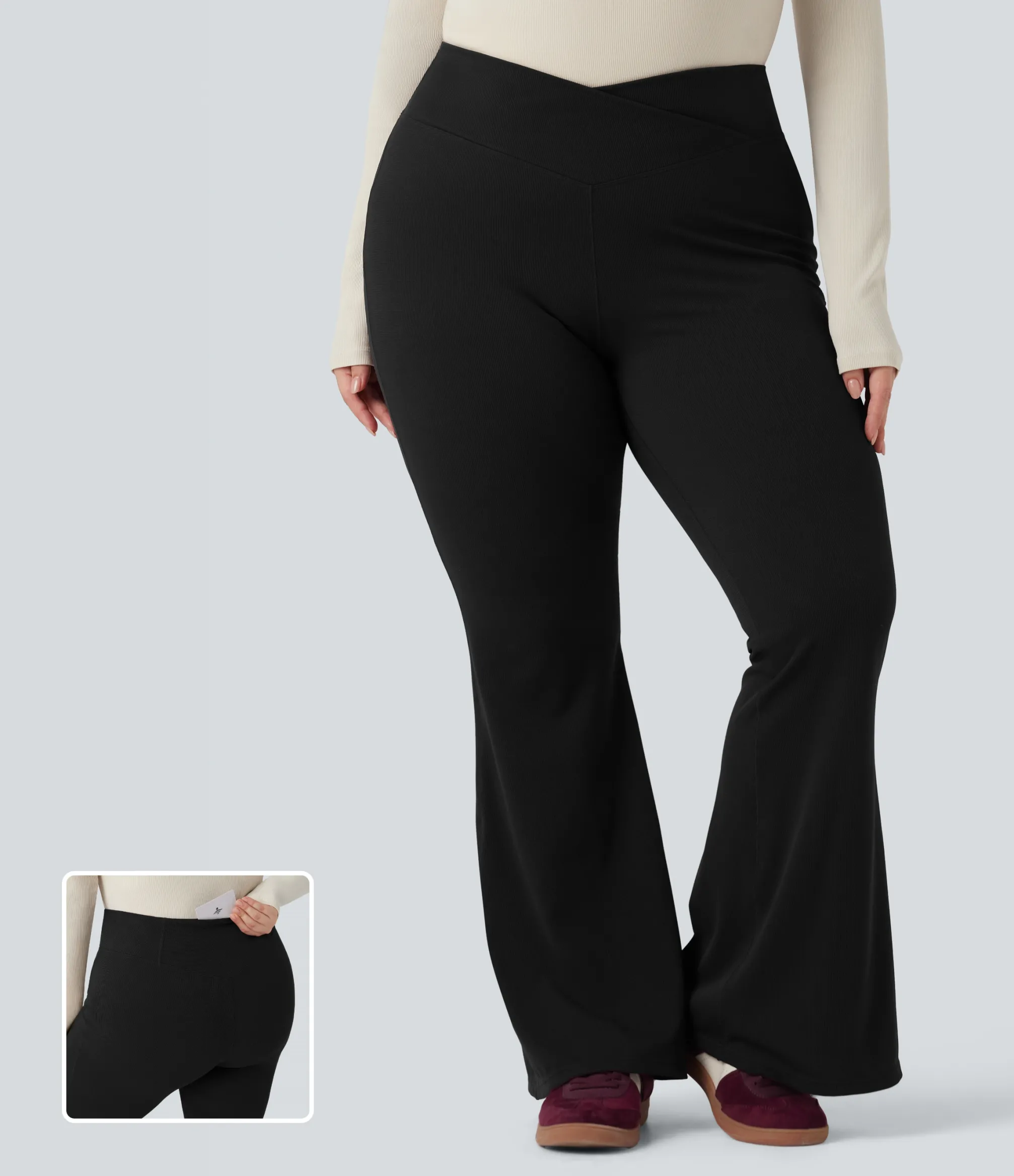Flare Pants|Plus Size<HALARA Plus Size Crossover High Waisted Waffle Casual Flare Pants with Pocket