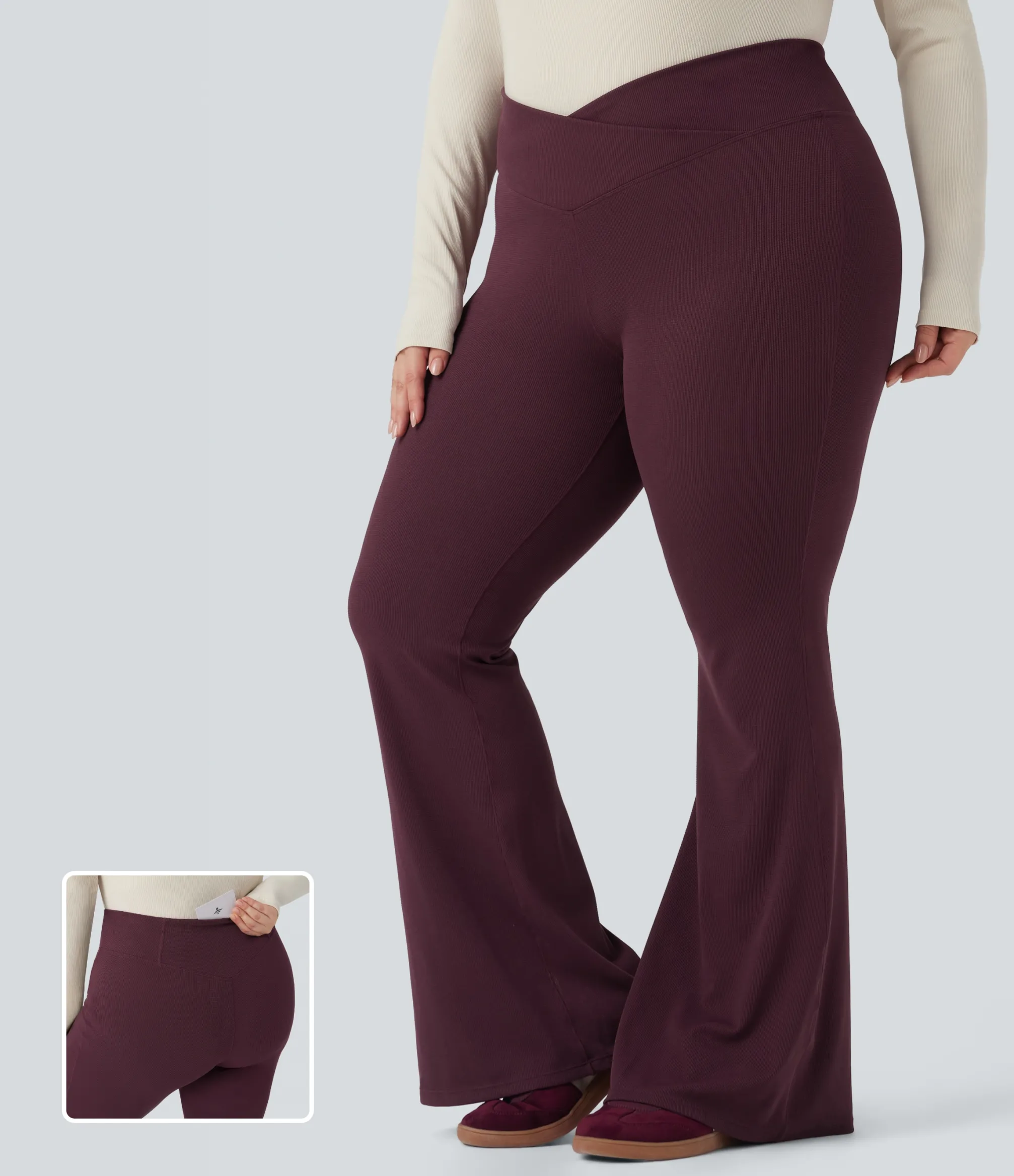 Flare Pants|Plus Size<HALARA Plus Size Crossover High Waisted Waffle Casual Flare Pants with Pocket