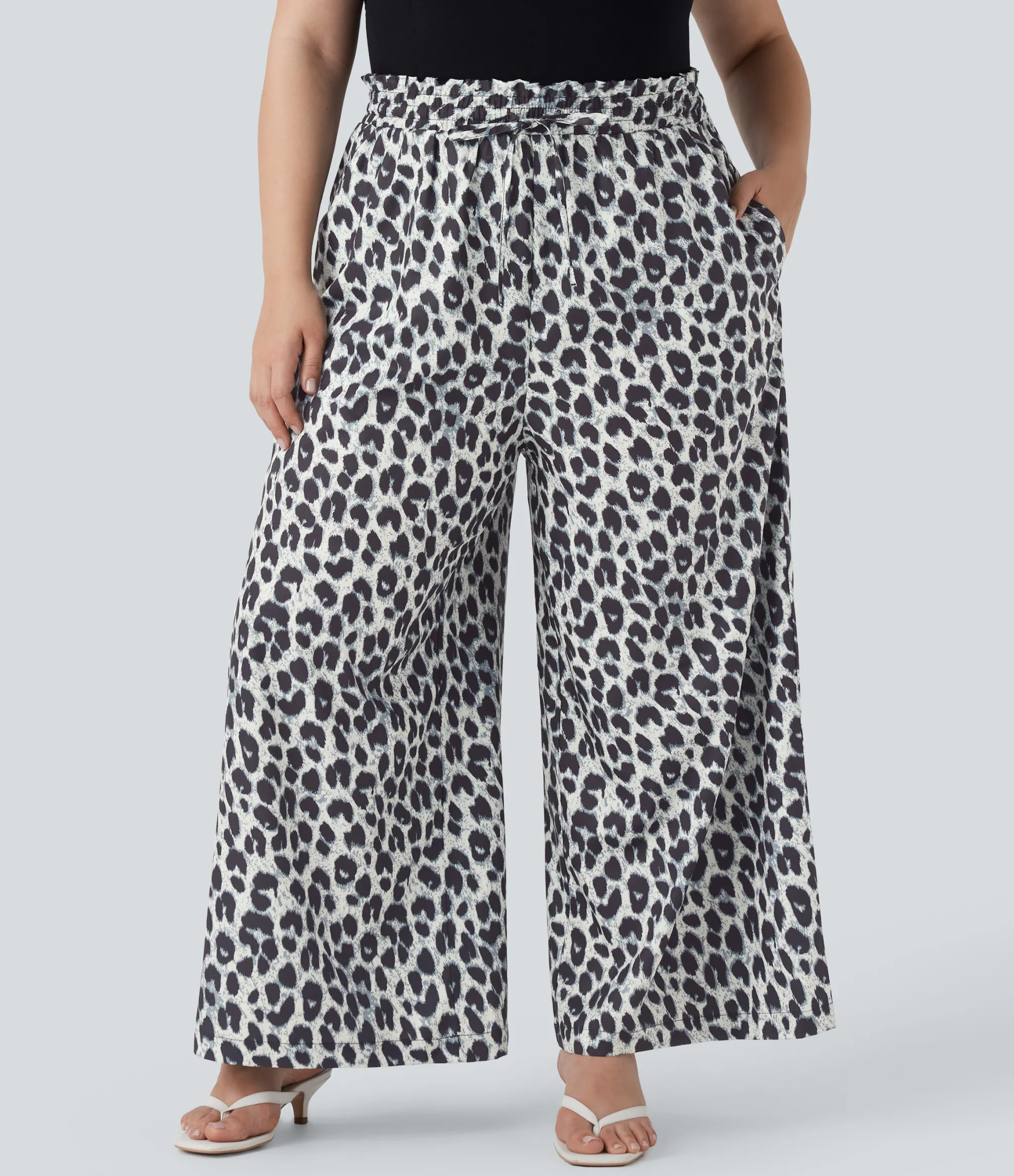 Plus Size<HALARA Plus Size High Waisted Drawstring Leopard Print Wide Leg Casual Pants with Pockets