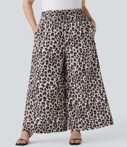 Plus Size<HALARA Plus Size High Waisted Drawstring Leopard Print Wide Leg Casual Pants with Pockets