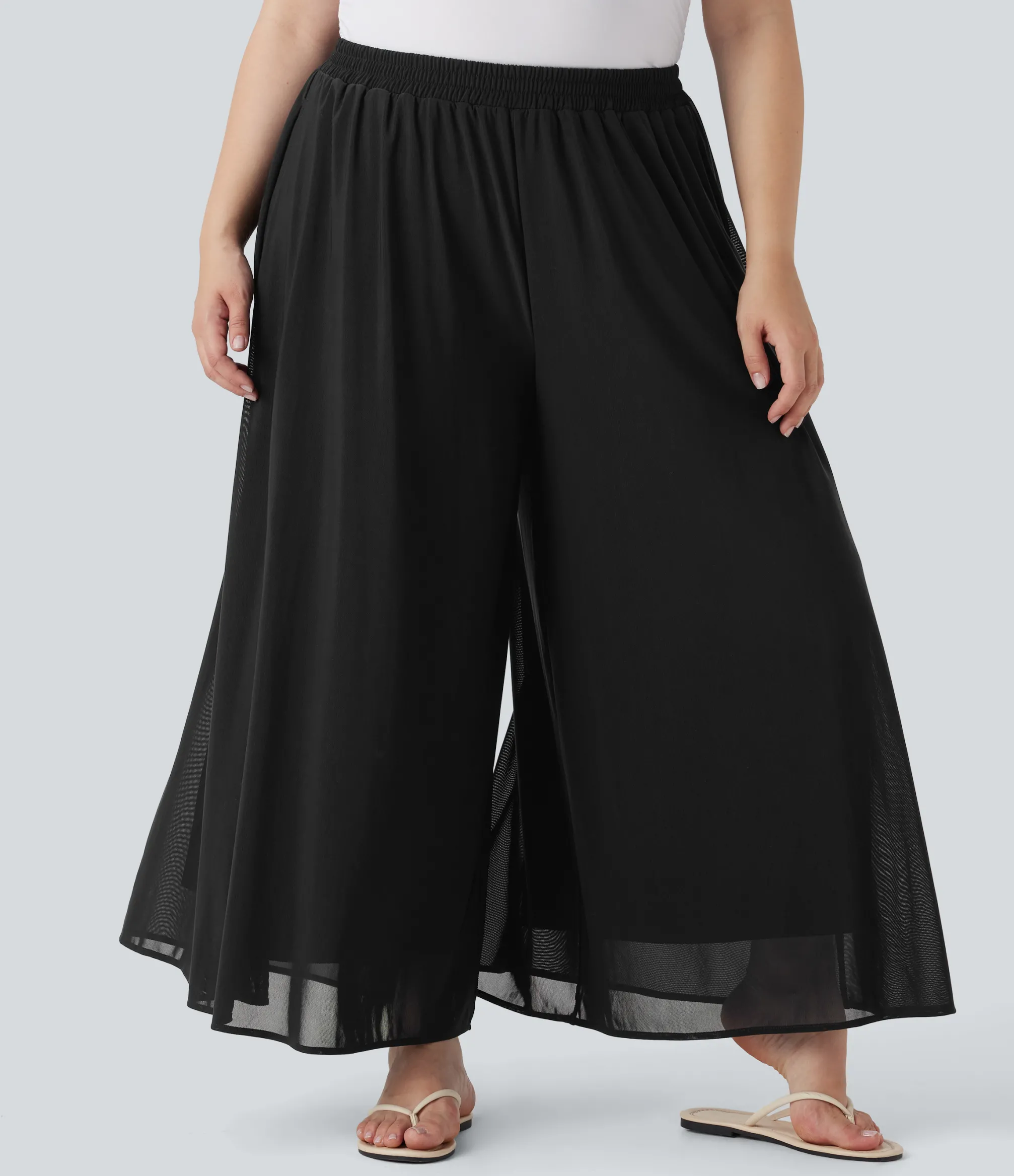 Plus Size<HALARA Plus Size High Waisted Mesh Overlay Wide Leg Casual Pants with Pockets