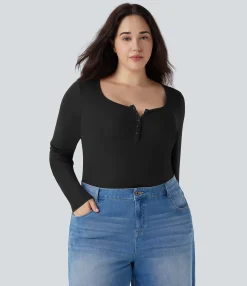 Casual Tops|Plus Size<HALARA Plus Size Ribbed Henley Neck Long Sleeve Casual Top