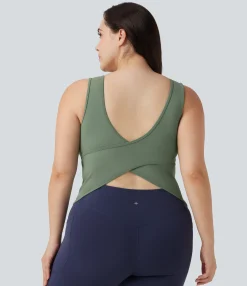 Plus Size<HALARA Plus Size U Neck Crossover Yoga Tank Top-Longer Length