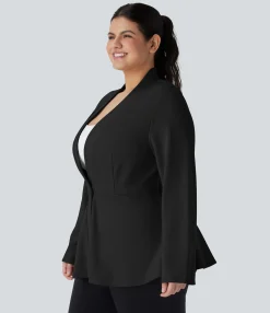Work Tops|Plus Size<HALARA Plus Size V Neck Long Sleeve Single Front Work Peplum Jacket