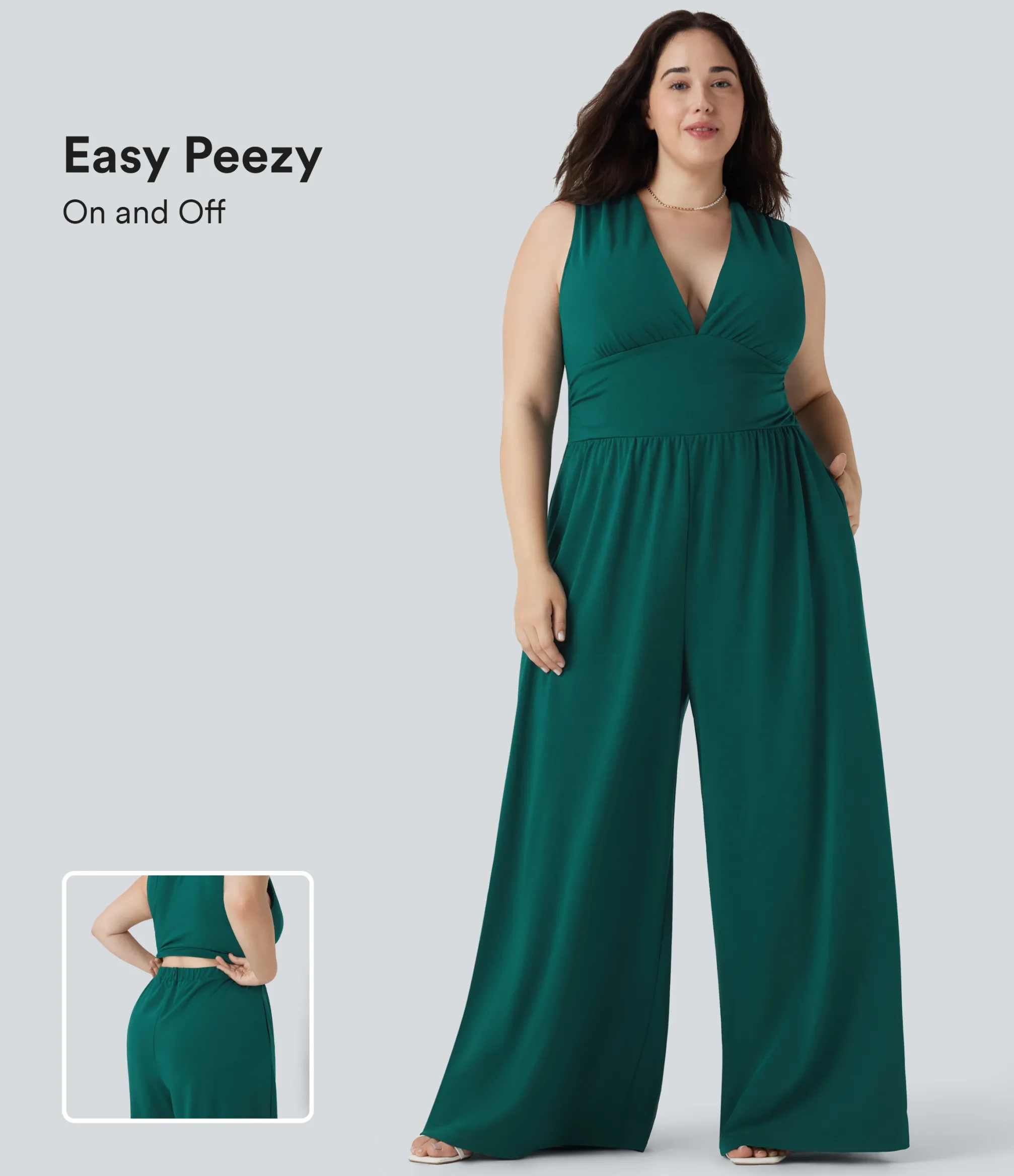Plus Size<HALARA Plus Size V Neck Sleeveless Jumpsuit with Pockets-Easy Peezy Edition