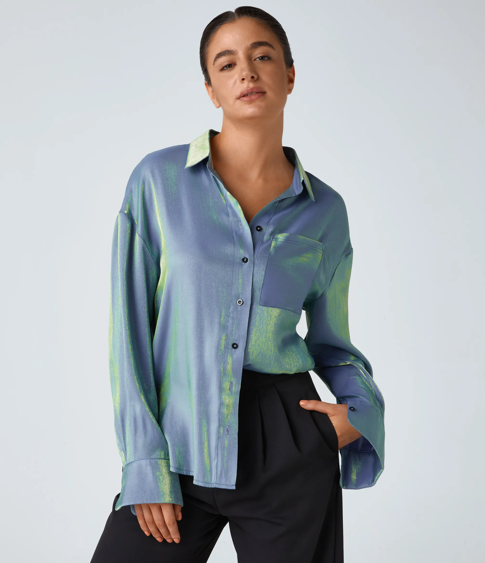 Work Tops|Shirts Blouses<HALARA Pocket High Low Curved Hem Shine Oversize Work Shirt