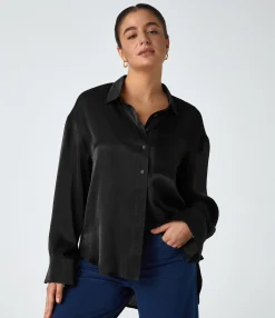Work Tops|Shirts Blouses<HALARA Pocket High Low Curved Hem Shine Oversize Work Shirt