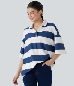 Casual Tops|T-Shirts<HALARA Polo Neck Dropped Shoulder Colorblock Stripe Oversize Casual T-Shirt