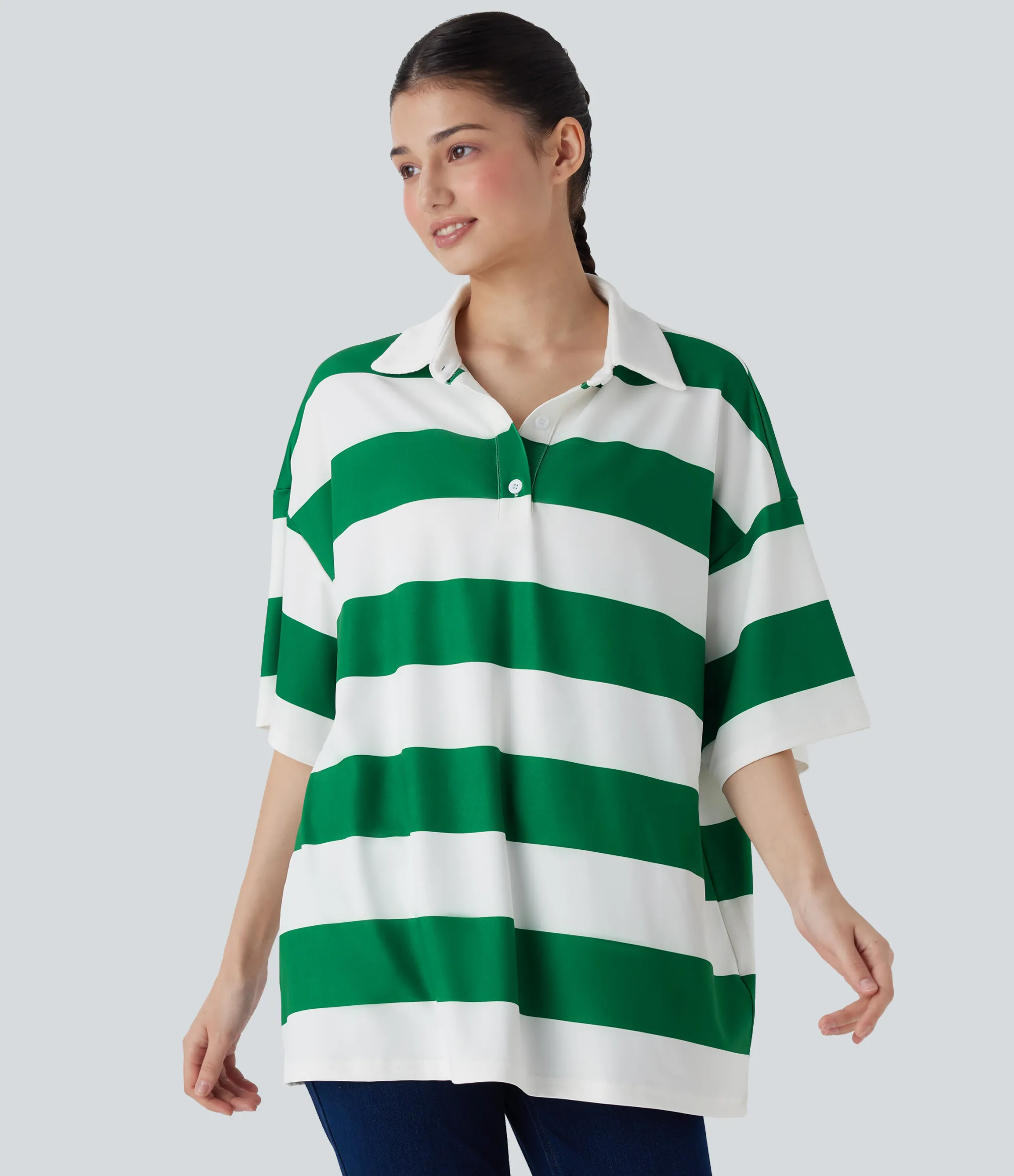 Casual Tops|T-Shirts<HALARA Polo Neck Dropped Shoulder Colorblock Stripe Oversize Casual T-Shirt