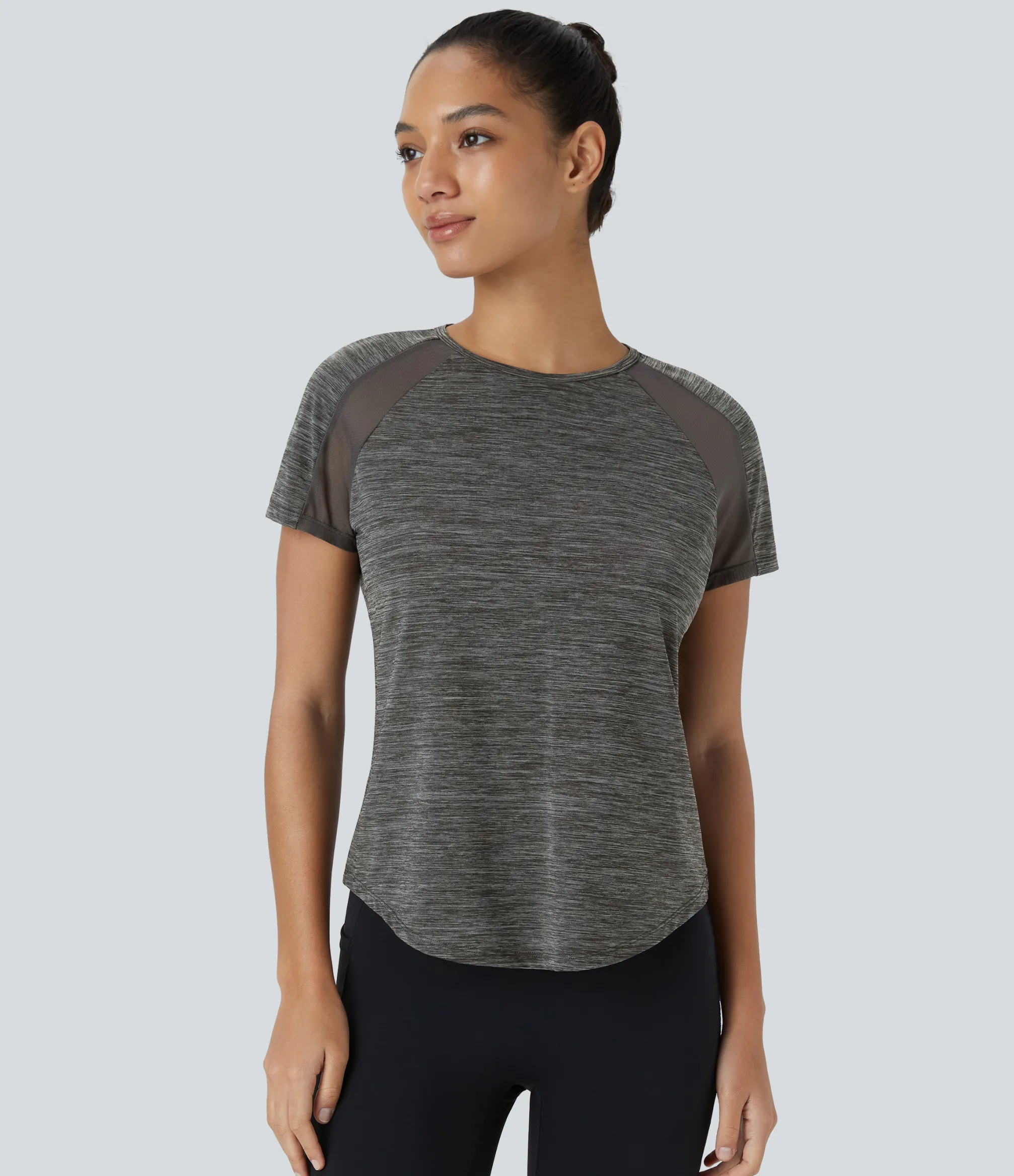 Sports Tops|Sports Tops<HALARA Raglan Sleeve Contrast Mesh Curved Hem Workout Sports Top
