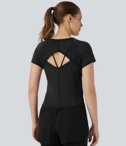 Sports Tops|Sports Tops<HALARA Reflective Round Neck Short Sleeve Contrast Mesh Cut Out Cool Touch Quick Dry Running Sports Top