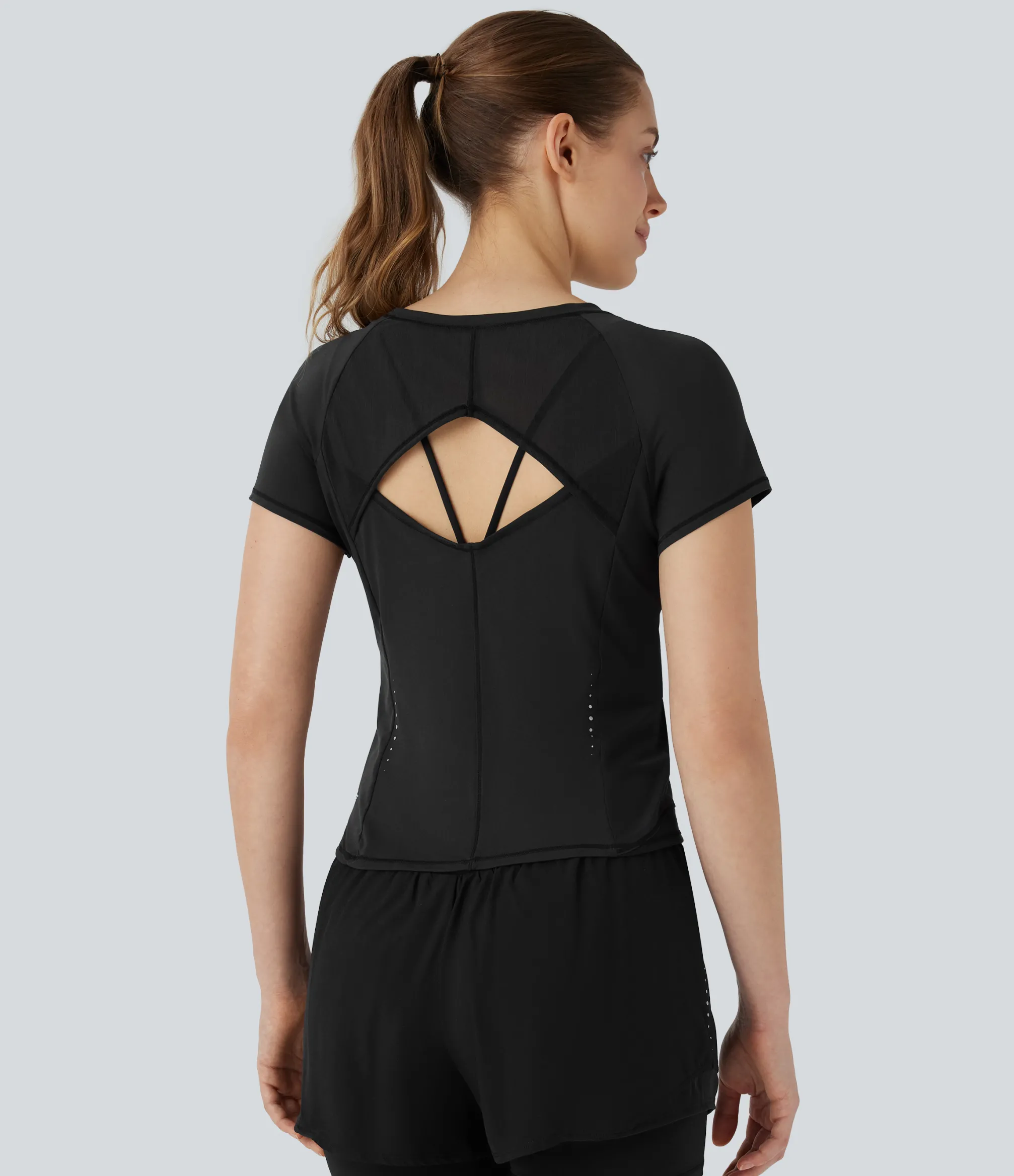 Sports Tops|Sports Tops<HALARA Reflective Round Neck Short Sleeve Contrast Mesh Cut Out Cool Touch Quick Dry Running Sports Top