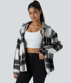 Jackets & Outerwear<HALARA Removable Hood Drawstring Long Sleeve Pocket Plaid Casual Jacket