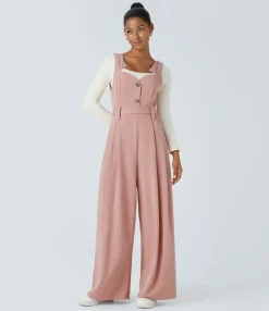 Jumpsuits<HALARA Ribbed Asymmetric Neck Sleeveless Belted Pocket Wide Leg Casual Jumpsuit