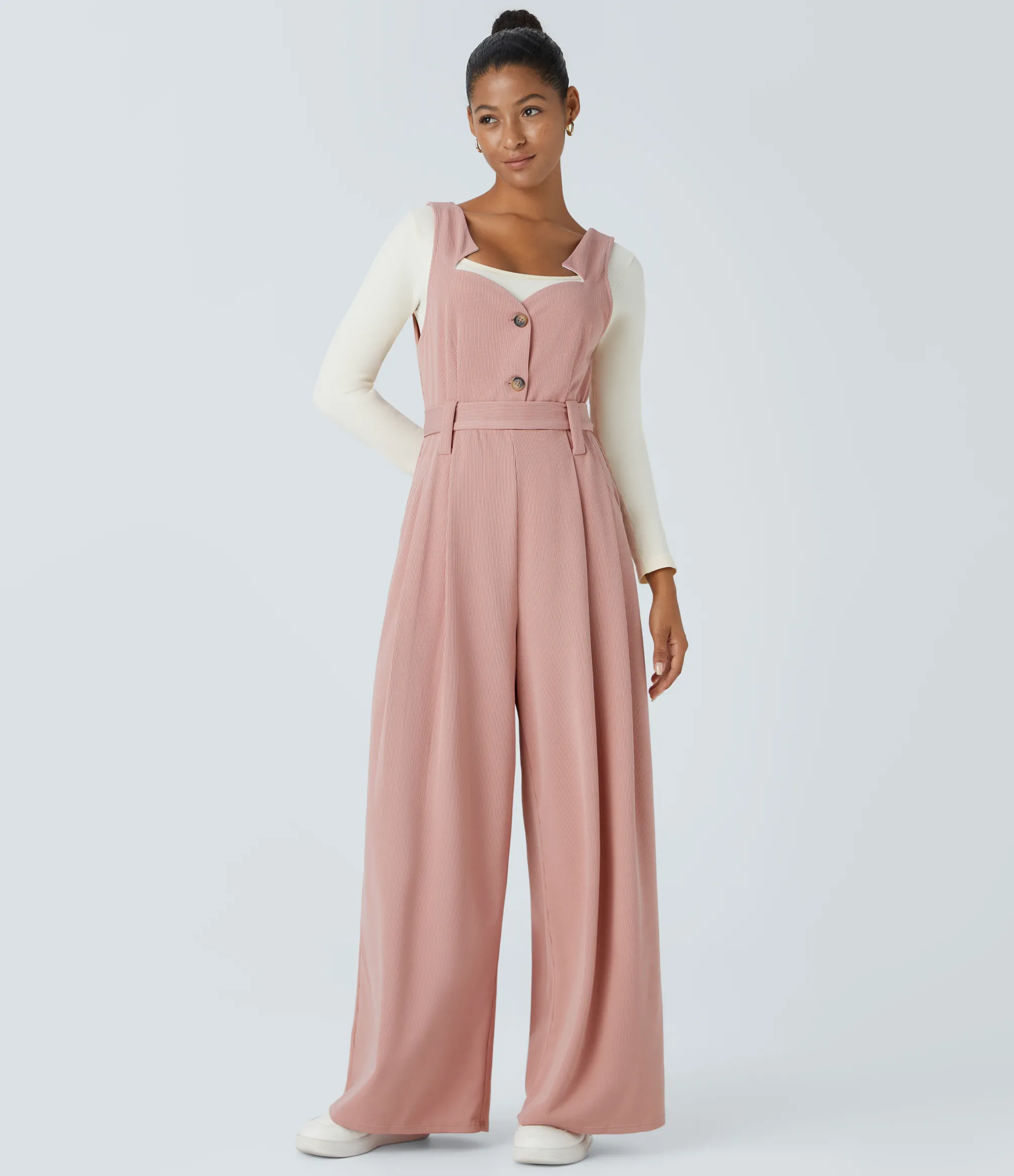 Jumpsuits<HALARA Ribbed Asymmetric Neck Sleeveless Belted Pocket Wide Leg Casual Jumpsuit