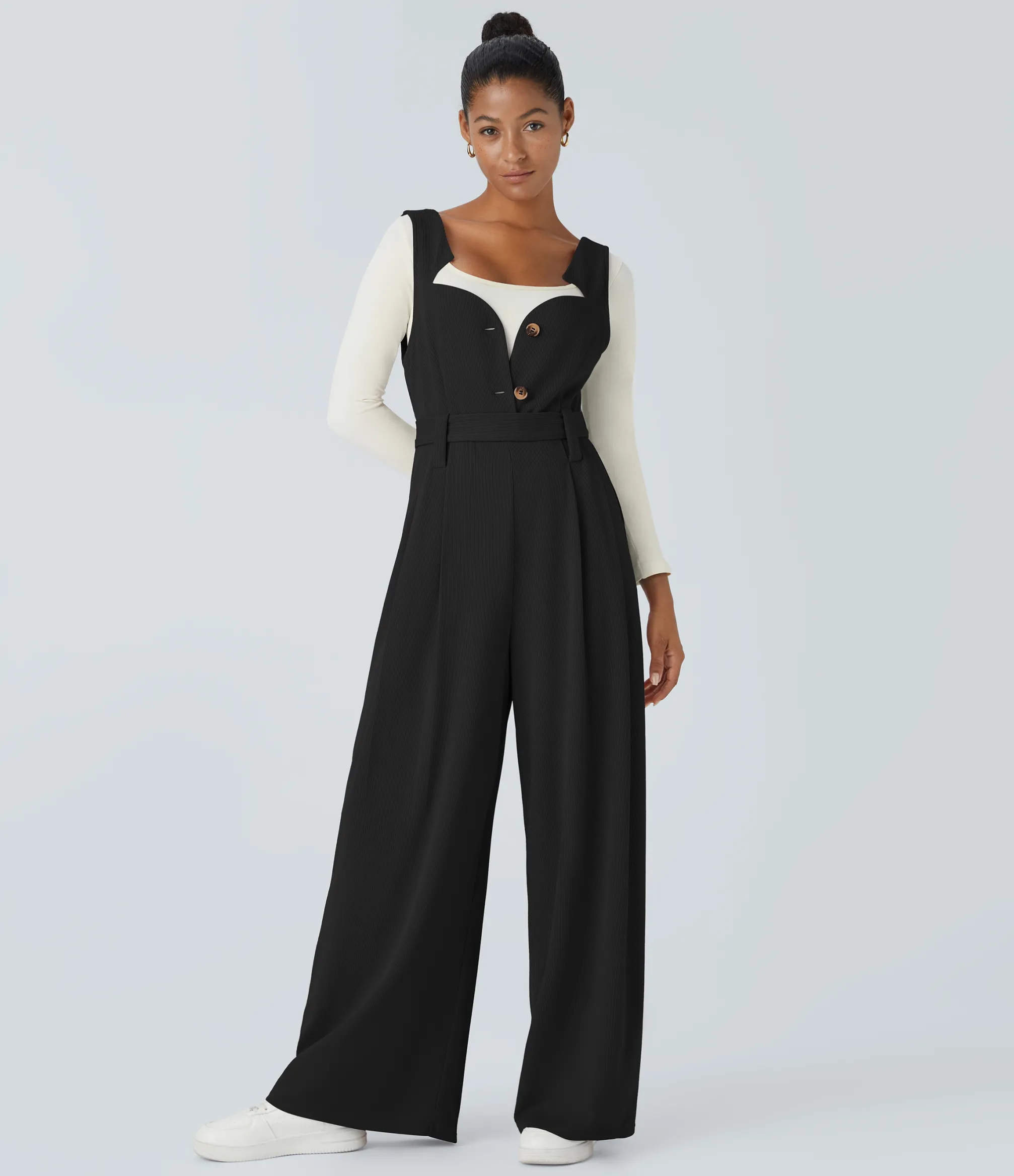 Jumpsuits<HALARA Ribbed Asymmetric Neck Sleeveless Belted Pocket Wide Leg Casual Jumpsuit