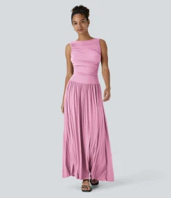 Maxi & Midi Dresses|Dresses<HALARA Ribbed Boat Neck Asymmetric Strap Ruched Pocket Flowy Maxi Casual Dress