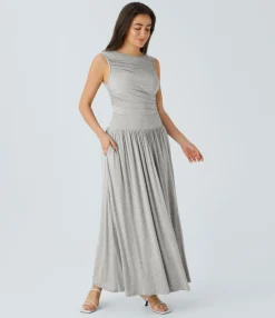 Maxi & Midi Dresses|Dresses<HALARA Ribbed Boat Neck Asymmetric Strap Ruched Pocket Flowy Maxi Casual Dress