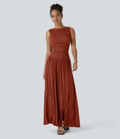 Maxi & Midi Dresses|Dresses<HALARA Ribbed Boat Neck Asymmetric Strap Ruched Pocket Flowy Maxi Casual Dress