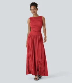 Maxi & Midi Dresses|Dresses<HALARA Ribbed Boat Neck Asymmetric Strap Ruched Pocket Flowy Maxi Casual Dress