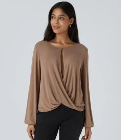 Casual Tops<HALARA Ribbed Boat Neck Crossover Cut Out Long Sleeve Casual Top