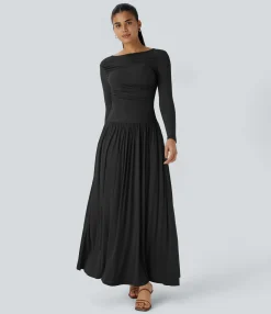 Maxi & Midi Dresses|Dresses<HALARA Ribbed Boat Neck Long Sleeve Ruched Pocket Flowy Maxi Casual Dress