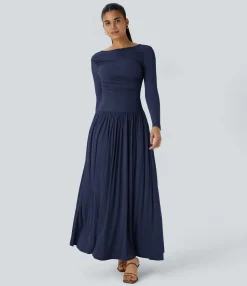 Maxi & Midi Dresses|Dresses<HALARA Ribbed Boat Neck Long Sleeve Ruched Pocket Flowy Maxi Casual Dress