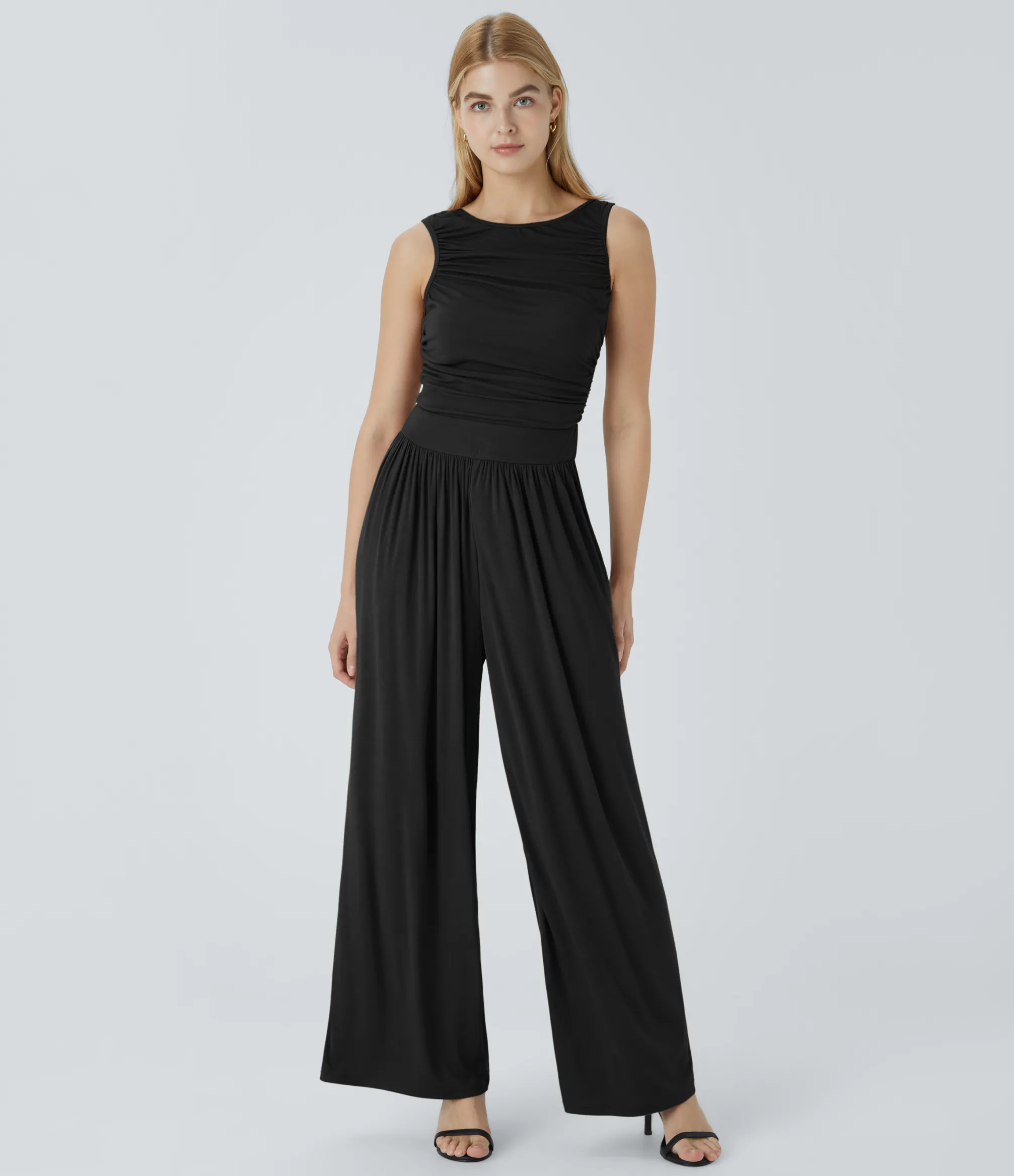 Jumpsuits<HALARA Ribbed Boat Neck Sleeveless Back Ruched Pocket Wide Leg Casual Jumpsuit