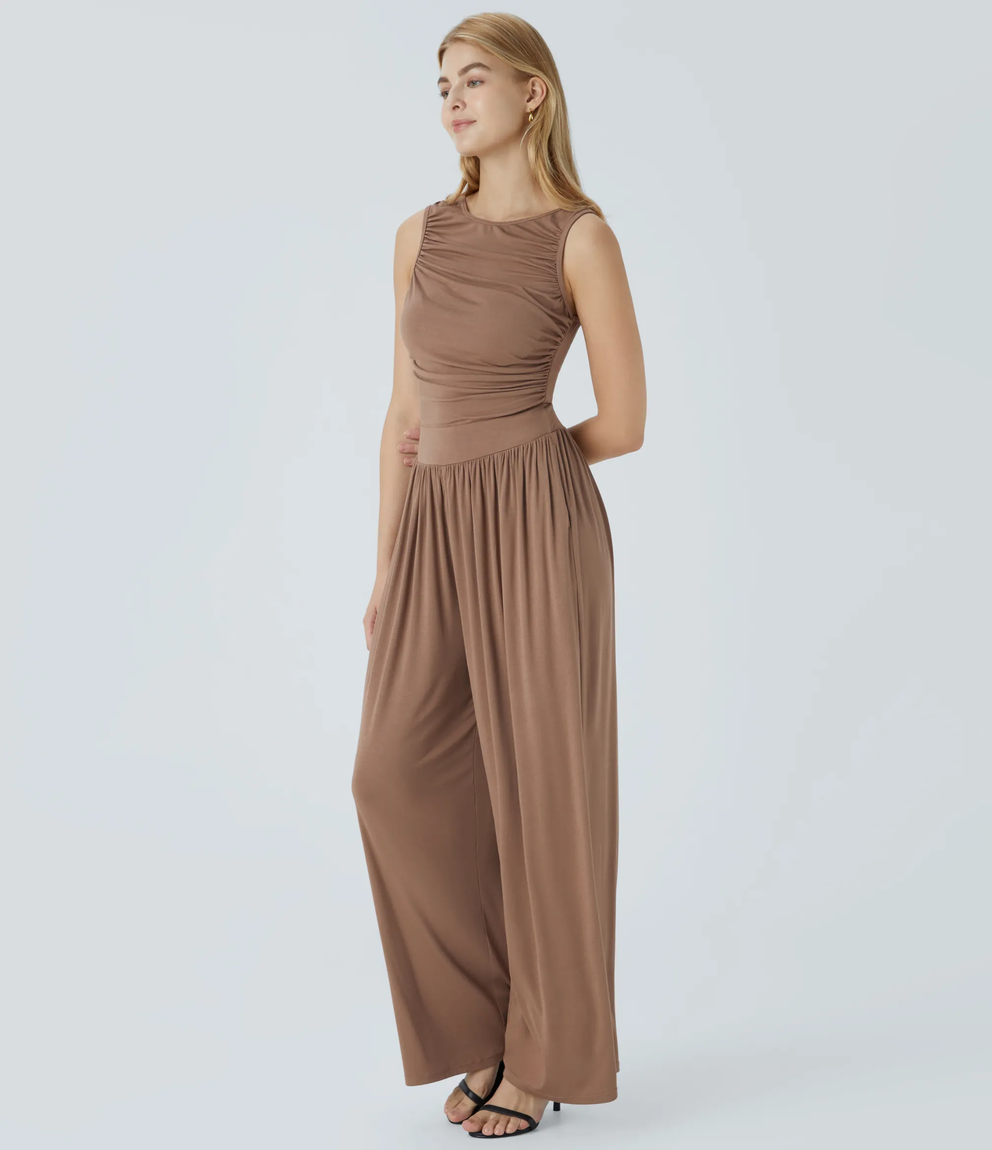 Jumpsuits<HALARA Ribbed Boat Neck Sleeveless Back Ruched Pocket Wide Leg Casual Jumpsuit