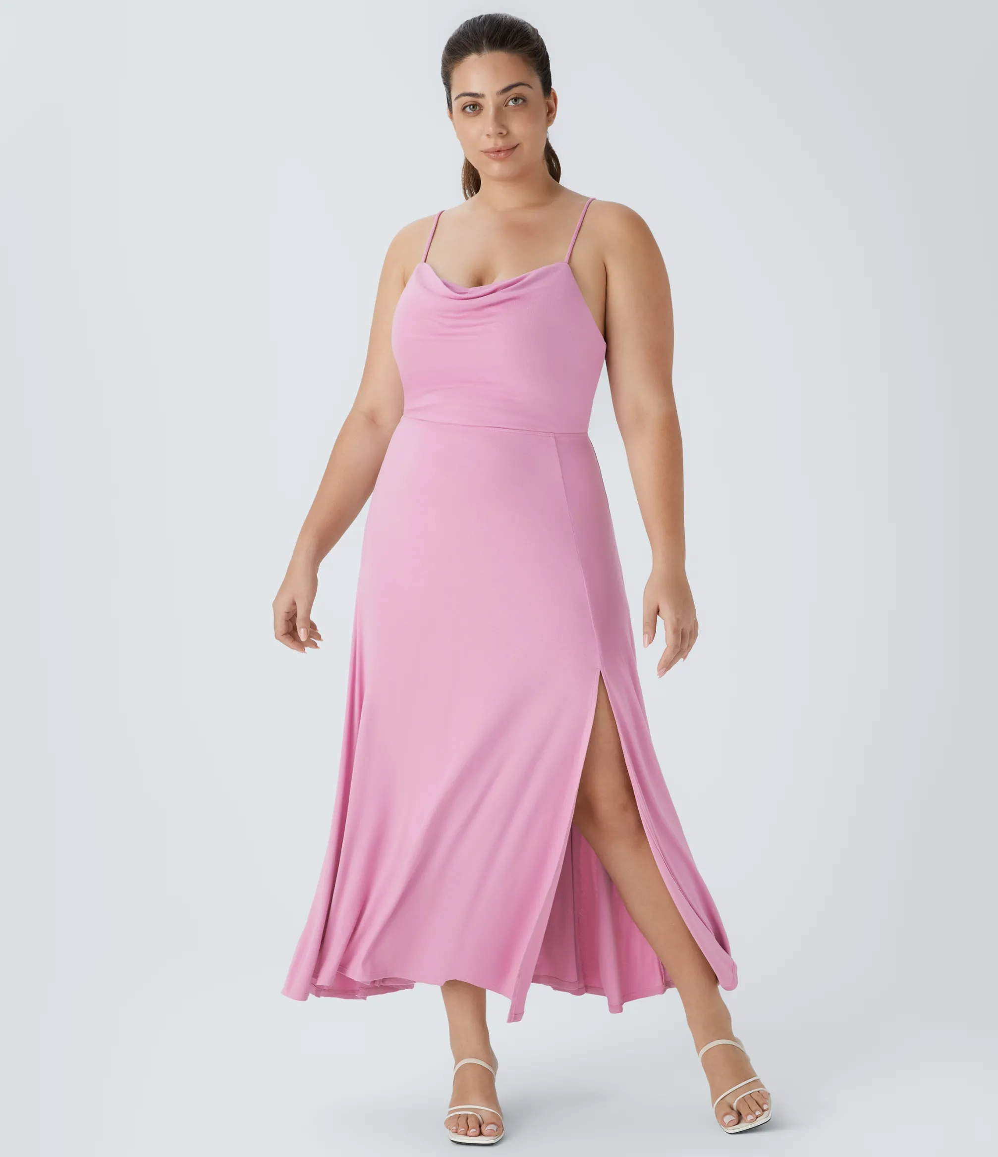 Plus Size<HALARA Ribbed Cowl Neck Lace Up Midi Plus Size Dress