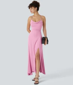 Party Dresses|Maxi & Midi Dresses<HALARA Ribbed Cowl Neck Lace Up Midi Dress