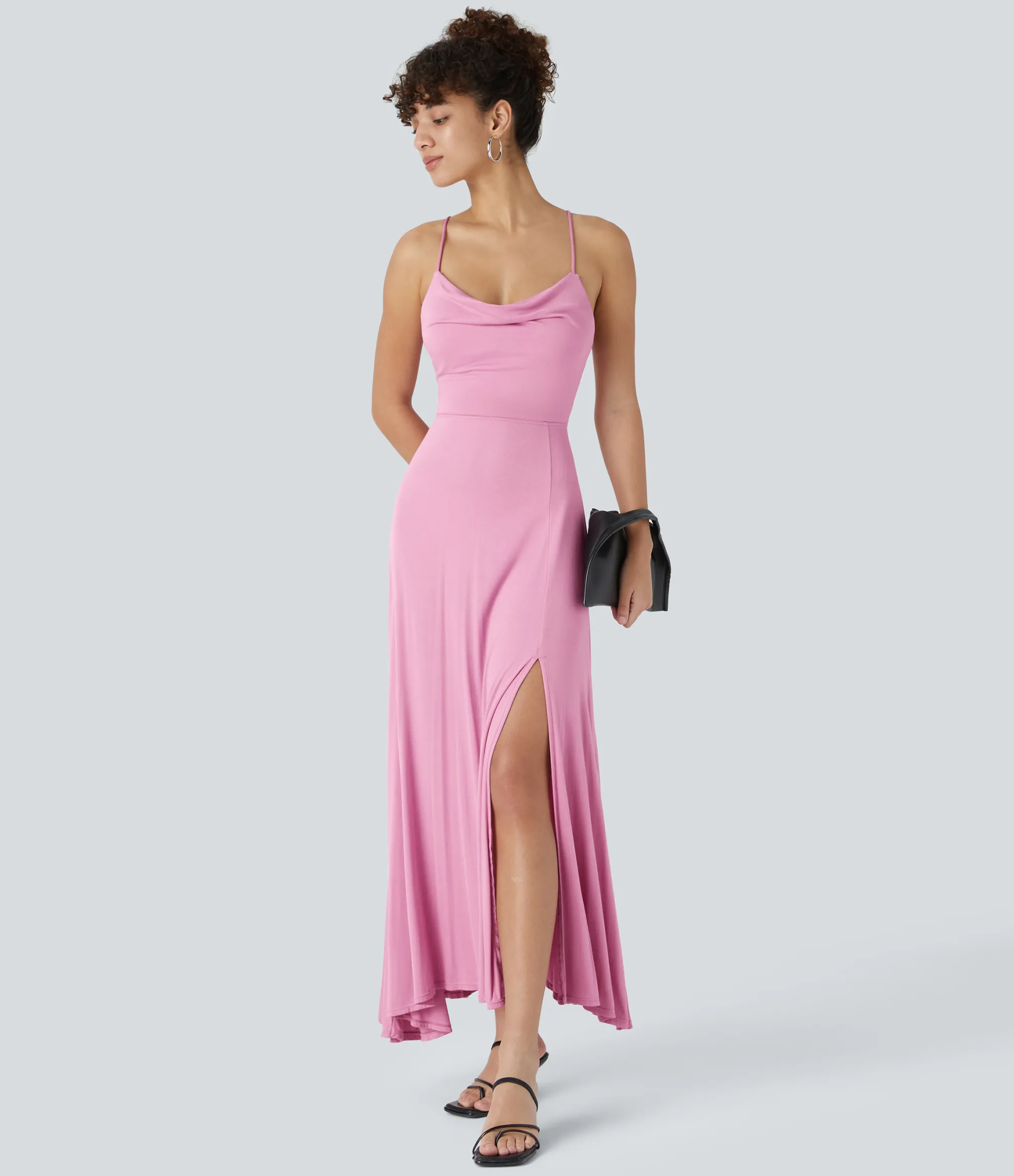 Party Dresses|Maxi & Midi Dresses<HALARA Ribbed Cowl Neck Lace Up Midi Dress
