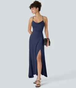 Party Dresses|Maxi & Midi Dresses<HALARA Ribbed Cowl Neck Lace Up Midi Dress
