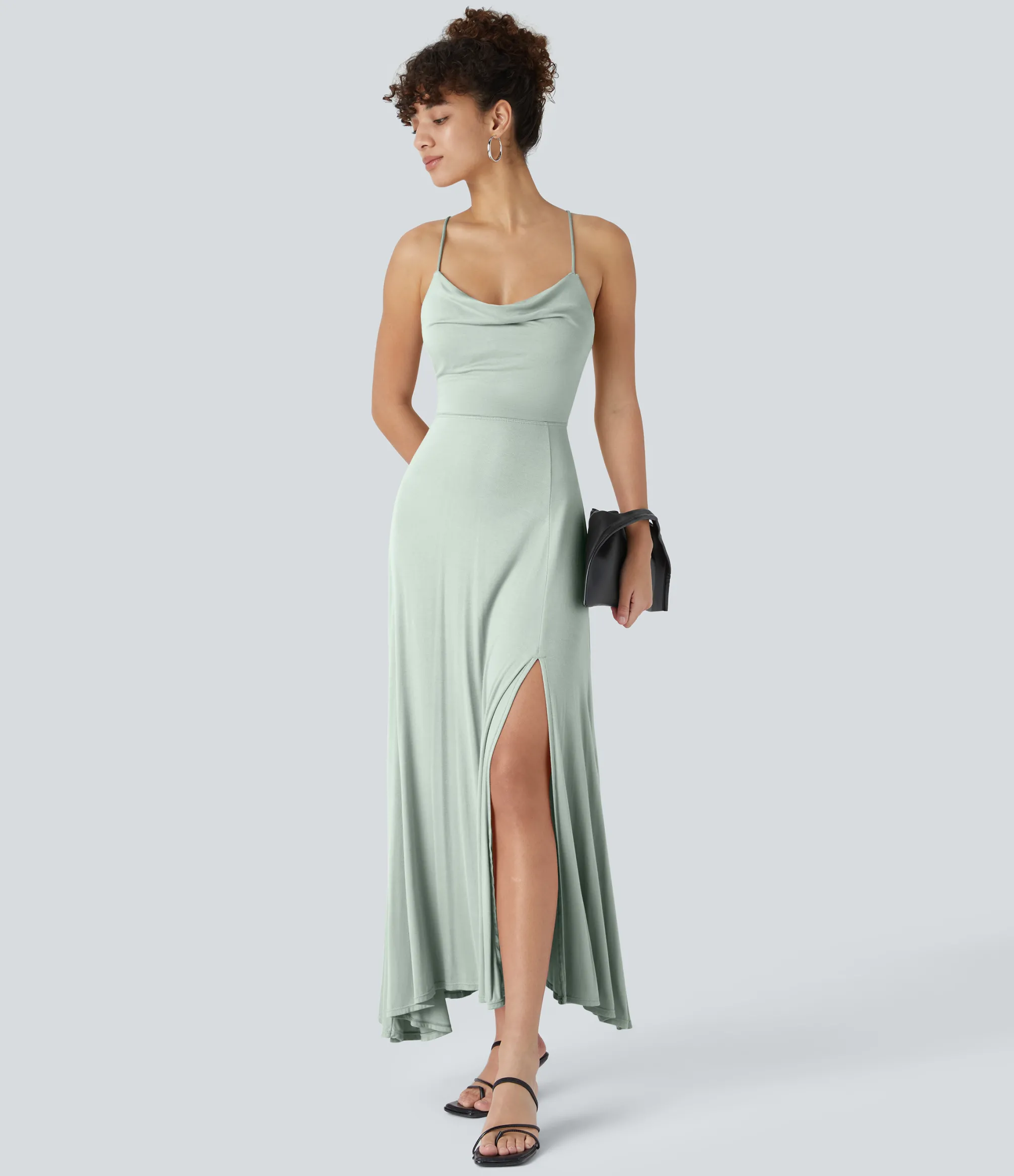 Party Dresses|Maxi & Midi Dresses<HALARA Ribbed Cowl Neck Lace Up Midi Dress