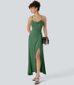 Party Dresses|Maxi & Midi Dresses<HALARA Ribbed Cowl Neck Lace Up Midi Dress