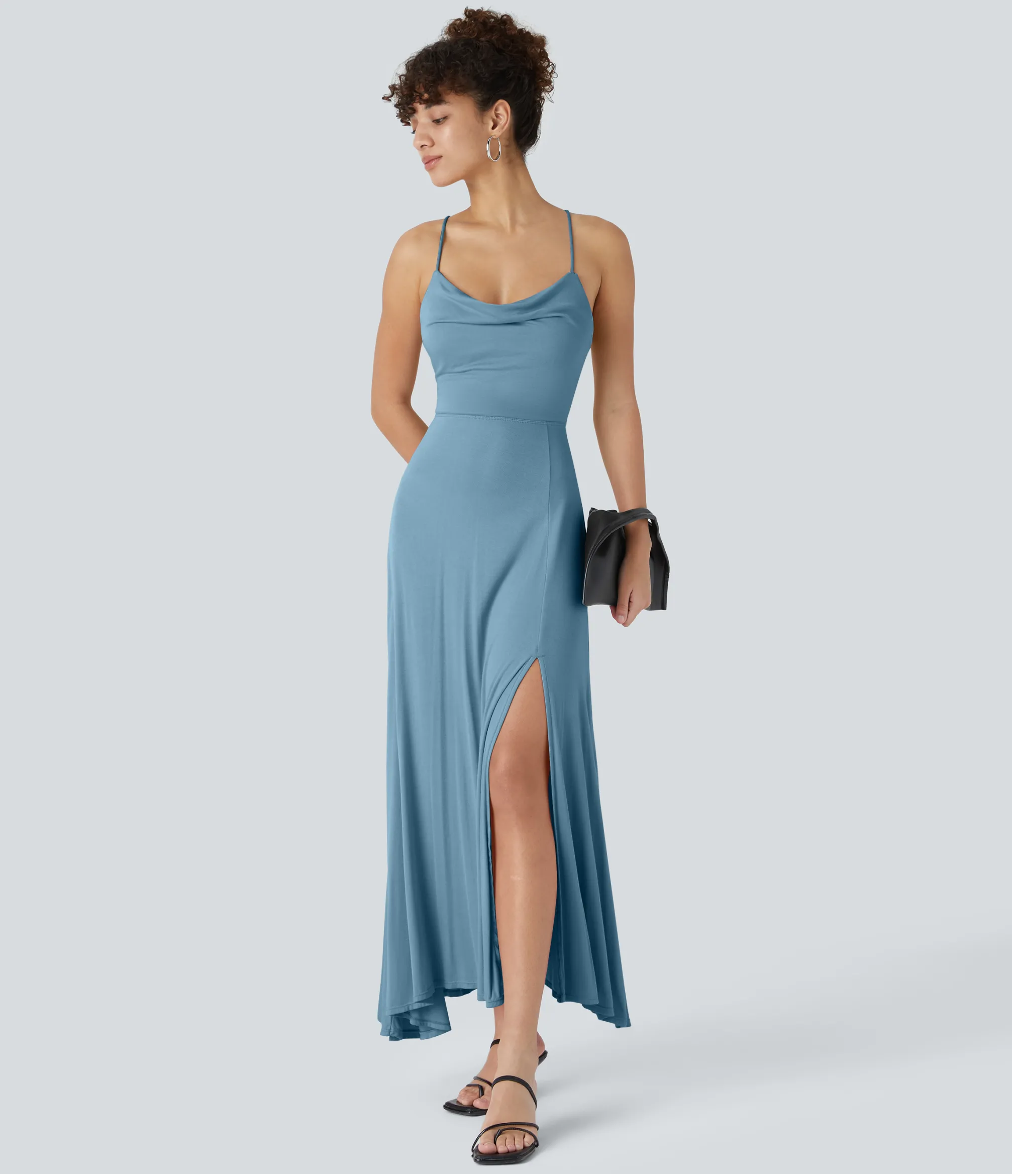 Party Dresses|Maxi & Midi Dresses<HALARA Ribbed Cowl Neck Lace Up Midi Dress