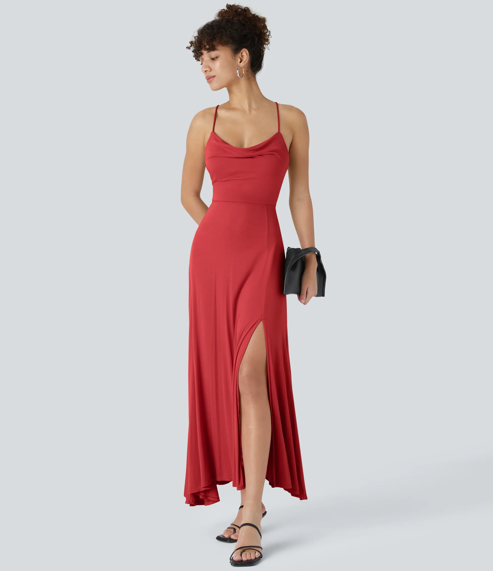 Party Dresses|Maxi & Midi Dresses<HALARA Ribbed Cowl Neck Lace Up Midi Dress