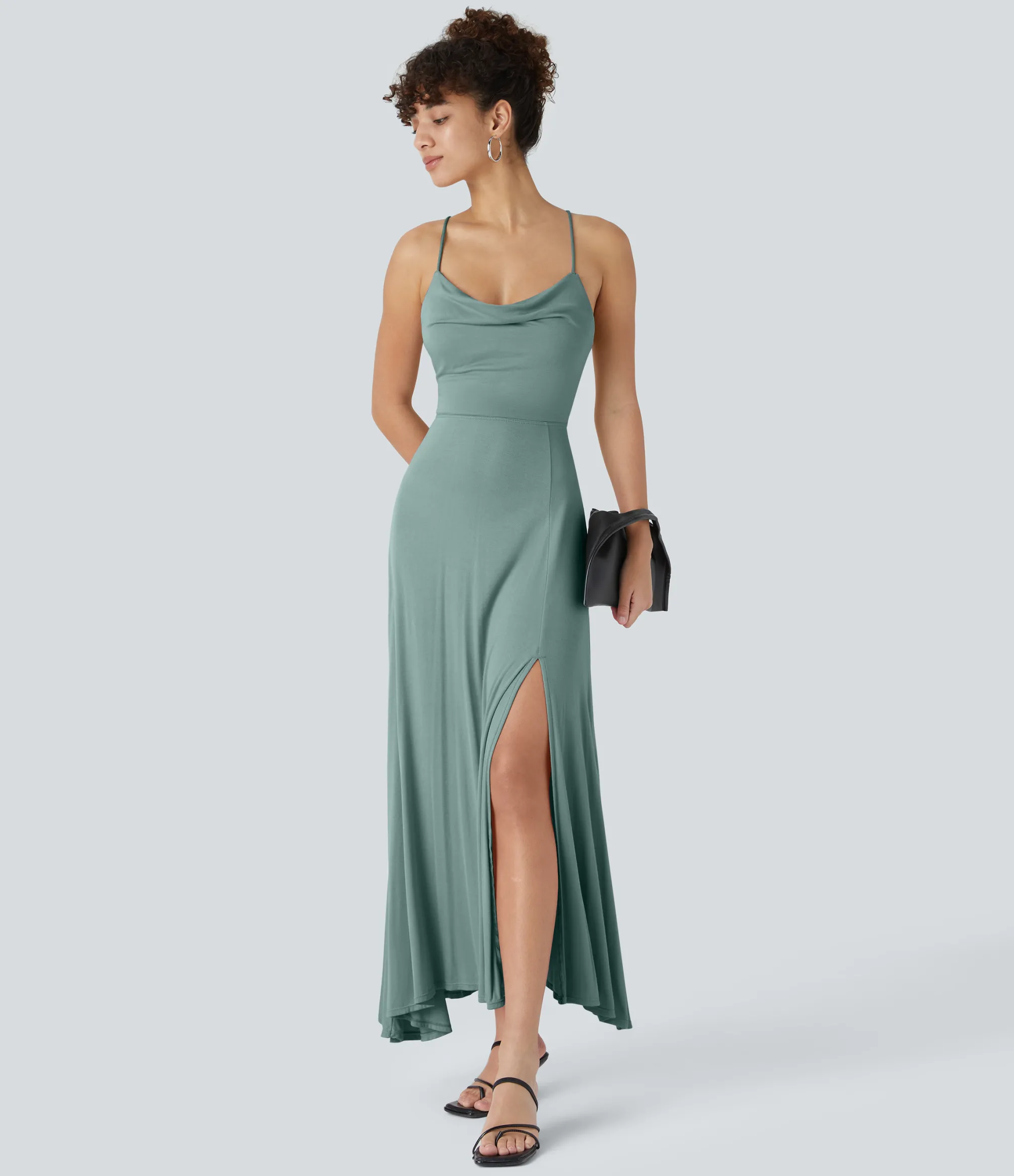 Party Dresses|Maxi & Midi Dresses<HALARA Ribbed Cowl Neck Lace Up Midi Dress