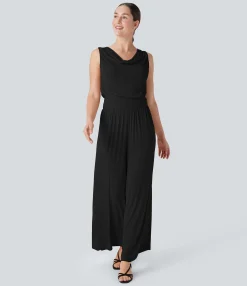 Jumpsuits<HALARA Ribbed Cowl Neck Sleeveless Wide Leg Casual Jumpsuit with Pockets