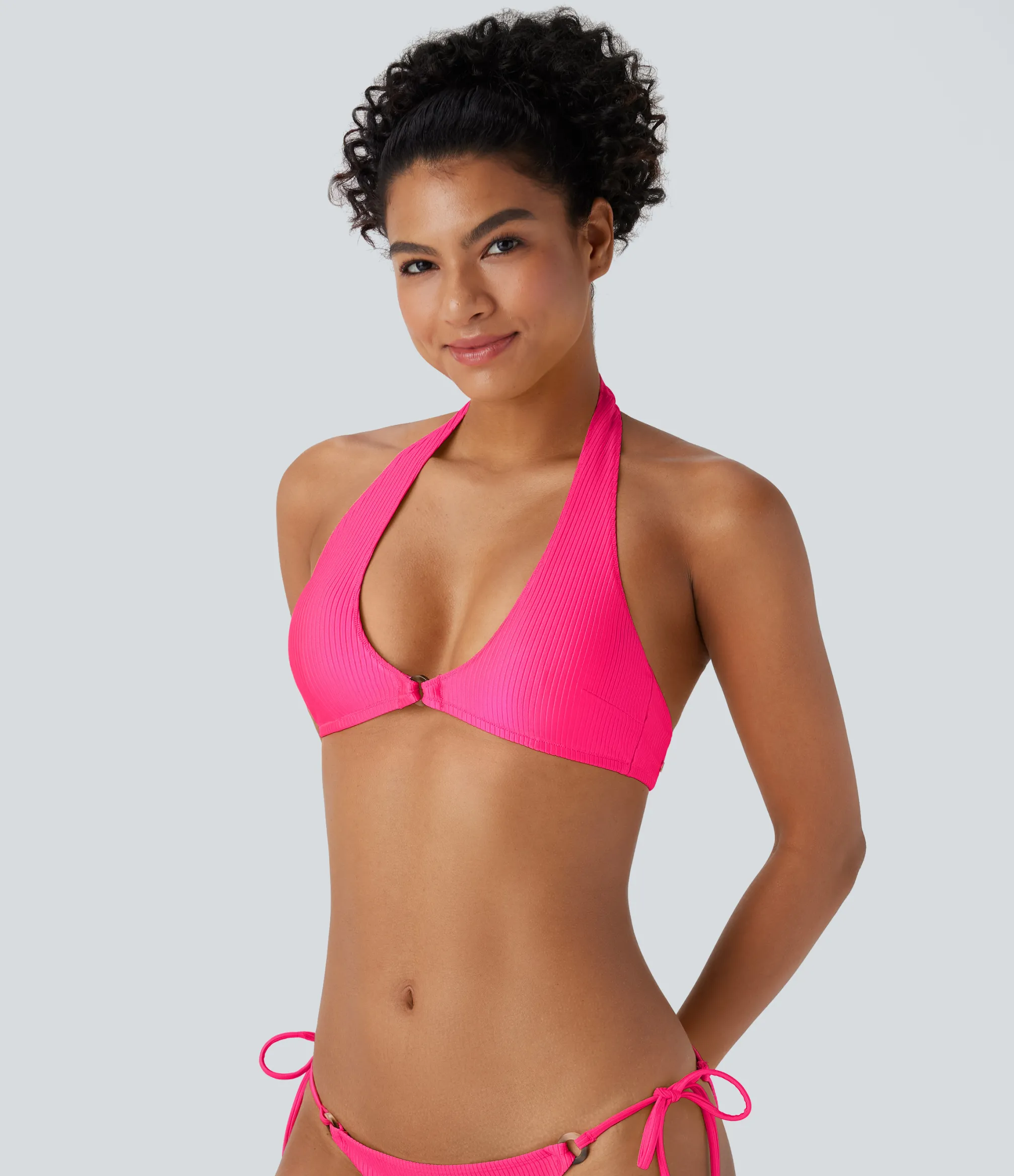 Beachwear<HALARA Ribbed Halter Bikini Top Swimsuit