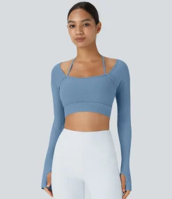 Yoga Tops|Sports Tops<HALARA Ribbed Halter Strap Thumb Hole Cropped Yoga Sports Top