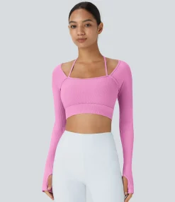 Yoga Tops|Sports Tops<HALARA Ribbed Halter Strap Thumb Hole Cropped Yoga Sports Top
