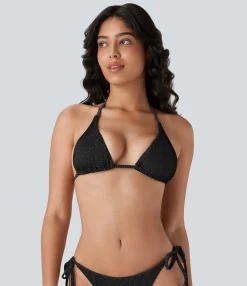 Beachwear<HALARA Ribbed Halter Tie Back Bikini Top Swimsuit
