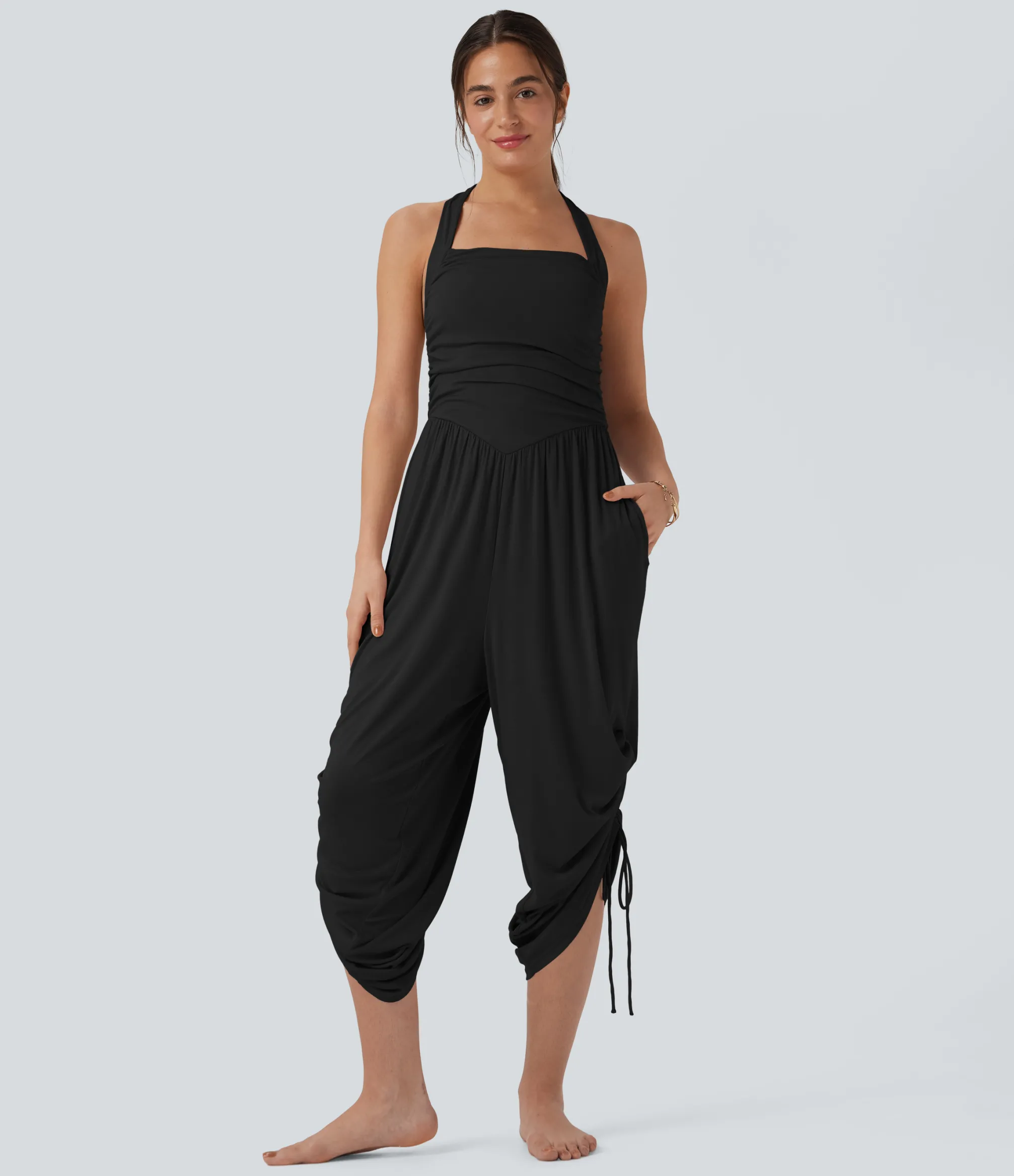 Jumpsuits<HALARA Ribbed Halter Tie Back Drawstring Resort Jumpsuit with Pockets