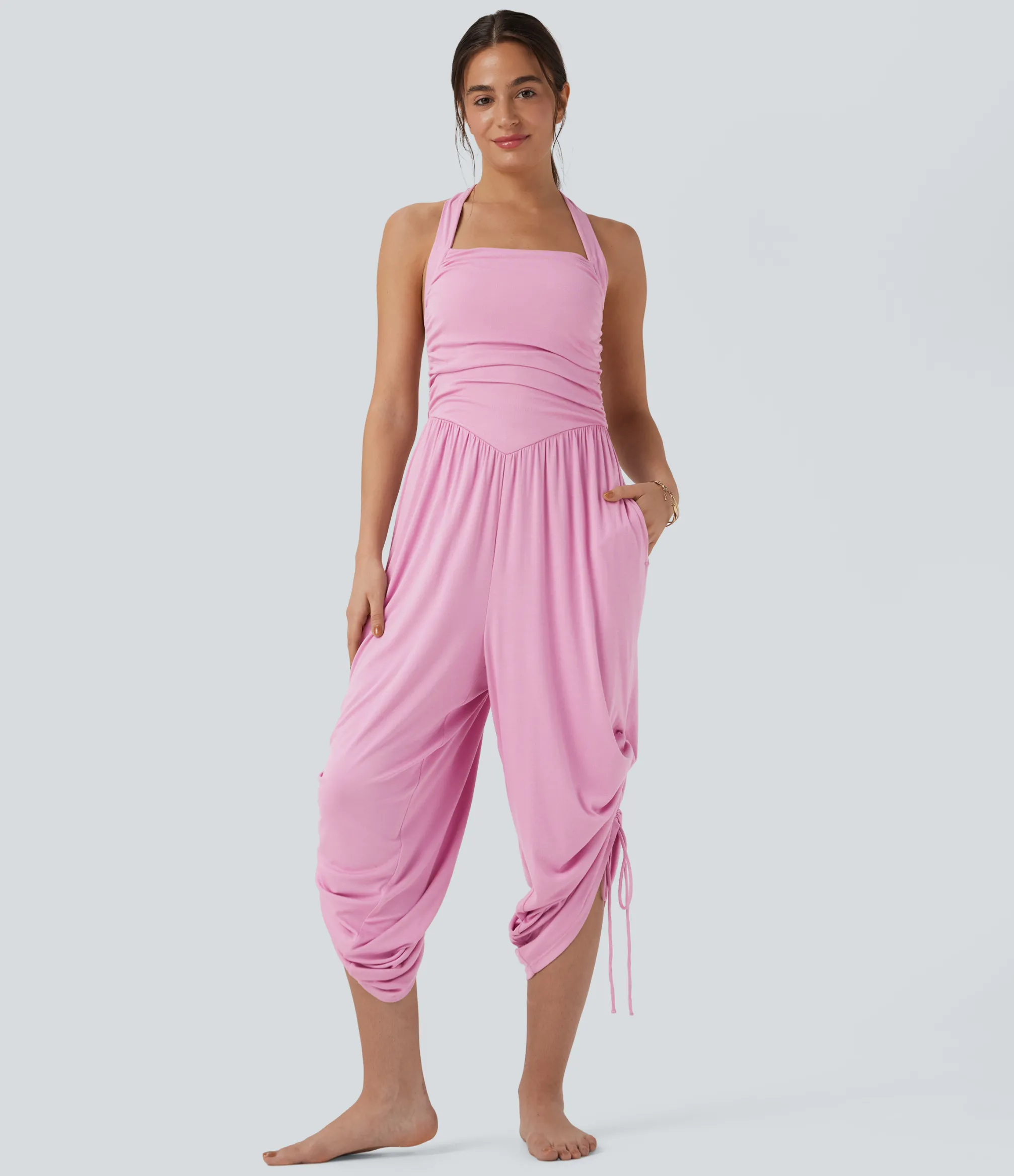 Jumpsuits<HALARA Ribbed Halter Tie Back Drawstring Resort Jumpsuit with Pockets