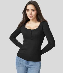 Casual Tops<HALARA Ribbed Henley Neck Long Sleeve Slim Casual Top