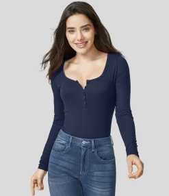 Casual Tops<HALARA Ribbed Henley Neck Long Sleeve Slim Casual Top