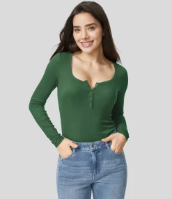 Casual Tops<HALARA Ribbed Henley Neck Long Sleeve Slim Casual Top