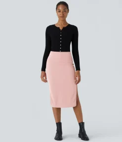 Maxi & Midi Skirts|Casual Skirts<HALARA Ribbed High Waisted Bodycon Midi Casual Skirt