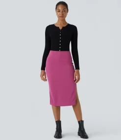 Maxi & Midi Skirts|Casual Skirts<HALARA Ribbed High Waisted Bodycon Midi Casual Skirt